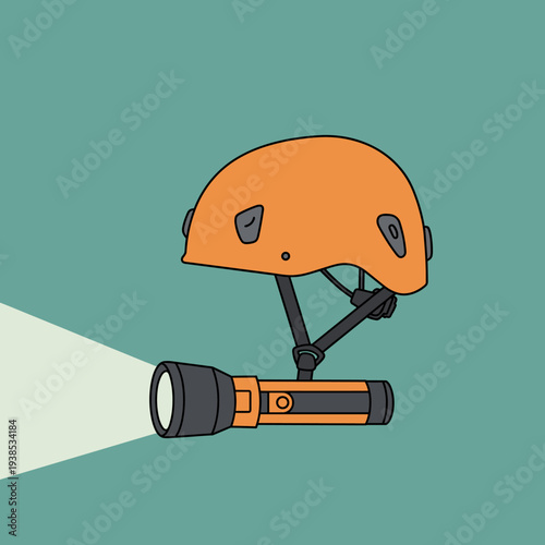 An orange climbing helmet with an attached flashlight emitting a bright beam of light against a teal background.