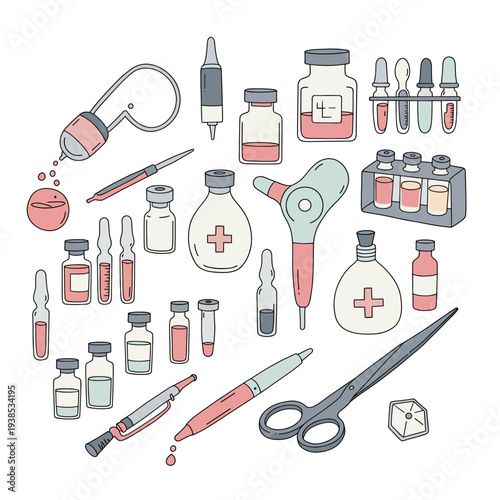 Hand-drawn illustration of various medical and laboratory equipment including vials, syringes, test tubes, bottles, and surgical instruments.