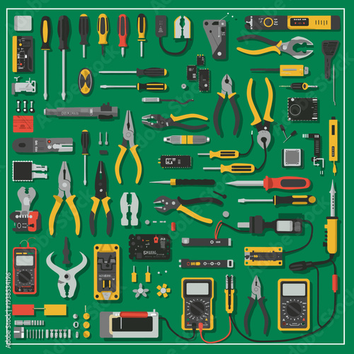 A comprehensive flat lay of various electrical and electronic tools and components neatly arranged on a vibrant green background.