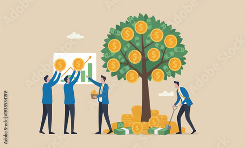 Harvest investing together concept, businessman harvesting dollar coin from growing money tree