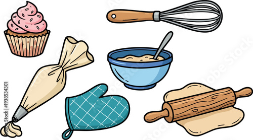 Whimsical kids doodle top down baking set with pink frosted cupcake, piping bag, whisk, mixing bowl, rolling pin, teal oven mitt