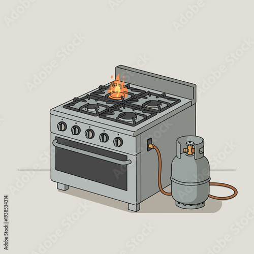 A gas stove with a lit burner connected to an external propane tank, illustrating a common kitchen appliance setup for cooking.