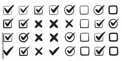 Hand Drawn Doodle Checkmark and Cross Collection - Varied Tick and X Symbols