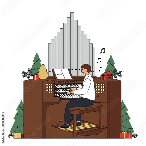A person playing a large pipe organ with multiple keyboards and pedals, surrounded by Christmas trees and gifts, with musical notes floating above.