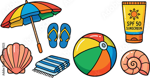 Flat design colorful beach umbrella close up with beach ball flip flops sunscreen towel shells in bright sunny lighting cheerful