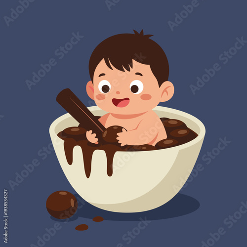 Cute baby boy happily playing in a large bowl filled with melted chocolate and chocolate balls, holding a spoon.