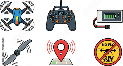 Flat design top view colorful quadcopter drone with rotating propellers and controller beside battery charger and no fly gps