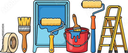 Flat design colorful painter tools set close up with paint bucket roller brush tape ladder on white background arranged vector illustration
