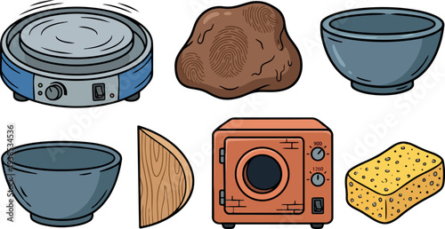 Whimsical vector doodle flat design of bowls, hotplate, sponge, rock and retro orange countertop oven from front close up isolated view