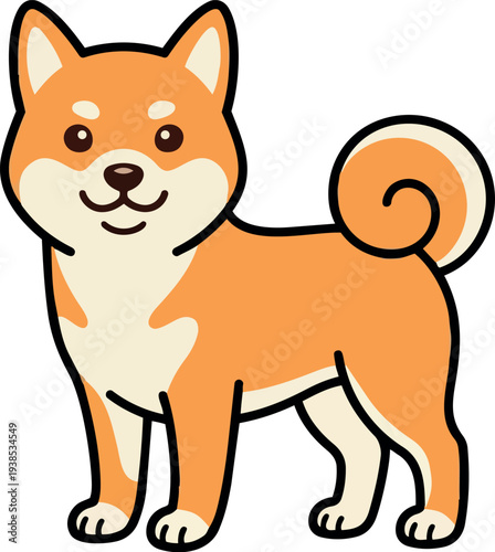 Flat design front three quarter view smiling shiba inu standing on white background with curled tail and bold outline cheerful playful