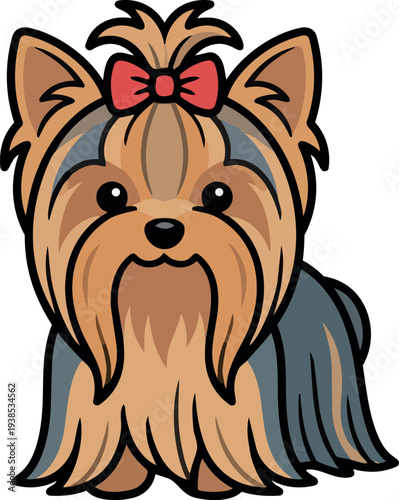 Flat cartoon vector close up of smiling yorkshire terrier with red bow looking at camera on white background cute friendly clean