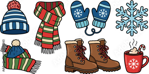 Whimsical kids doodle flat winter clothing set close up striped scarf blue hat mittens brown boots hot cocoa steaming christmas snowflake