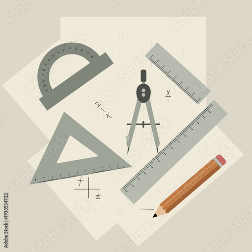 A collection of geometry tools including a protractor, rulers, compass, set square, and pencil on papers with mathematical equations.