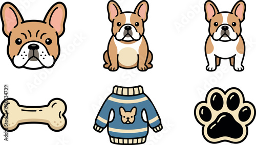 Flat design cute french bulldog icon set showing head close up sitting full body three quarter front view bone sweater paw badge