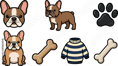 Flat design french bulldog icon set showing head close up, sitting and standing poses, paw print, bones and striped sweater playful