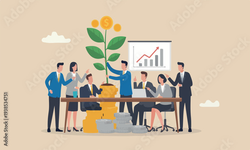 Earn from teams together funds or opportunity to make profit and increase wealth, businessman investor hand holding money flower plant from pile of coins