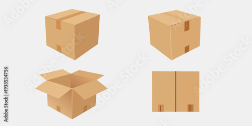Four views of cardboard boxes closed angled open and front