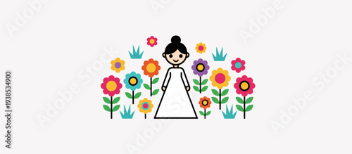 Cute bride with bun hairstyle among flowers. Spring wedding character concept. Flat design vector illustration