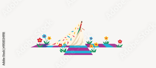 Bride walking on runway with long geometric veil. Wedding fashion concept. Flat design vector illustration