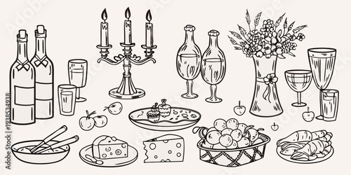 A sketch depicting a still life arrangement of food and drink items