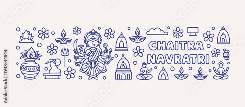 Chaitra Navratri festival banner with line icons. Hindu religious celebration concept. Vector outline illustration
