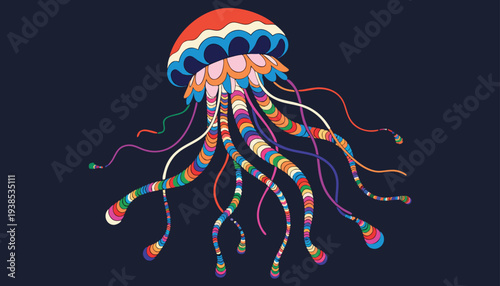 Vibrant and colorful psychedelic jellyfish illustration with long flowing tentacles, against a dark background, evoking a dreamlike, otherworldly feel.