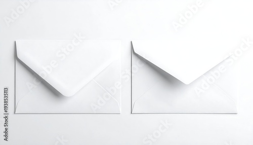 Two white blank envelopes angled left, placed closely side by side on a clean white surface under bright studio lighting