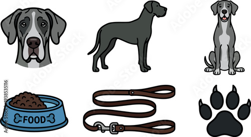 Flat design dog care icon set featuring gray great dane head profile and sitting pose with leash food bowl paw