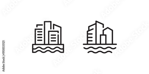 Two simplified building icons representing cityscape or architecture on wavy water lines, modern urban development and waterfront design