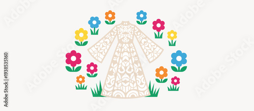 Long sleeve lace wedding gown with floral wreath. Bridal fashion vector illustration