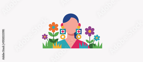 Woman with statement earrings and floral background. Fashion and beauty flat vector illustration