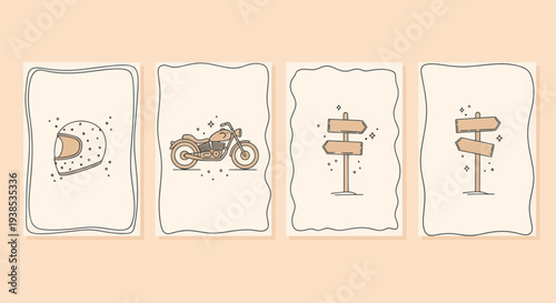 Retro Motorcycle Helmet and Bike Illustrations with Signposts