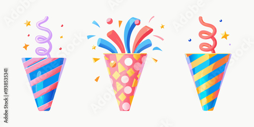 Colorful party poppers with confetti and streamers in a festive arrangement