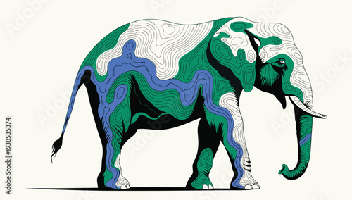 Stylized elephant illustration with a topographic map pattern in green, blue, and white, symbolizing global connection and the earth's landscape.