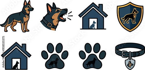 Flat design german shepherd icon set showing standing dog and barking head with doghouse shield paw collar badge minimal outline