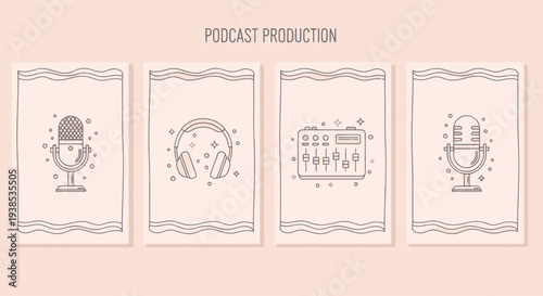 Podcast Production Icons: Microphone, Headphones, Mixer, Vintage Mic