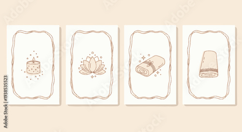Spa wellness icons: candle, lotus flower, rolled towel, and bath towel on cream background.