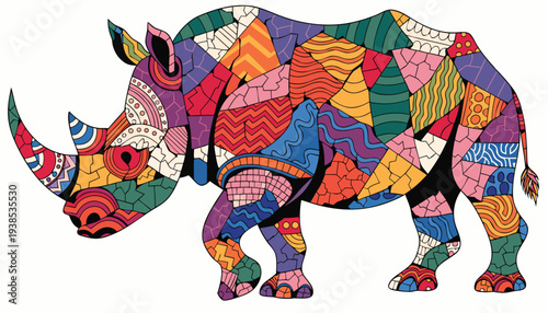Colorful mosaic rhinoceros illustration with abstract geometric patterns and vibrant colors, isolated on white background, symbolizing strength and individuality.