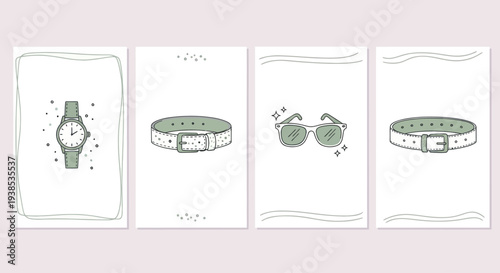 Minimalist Icons: Watch, Sunglasses, Belts - Clean Doodle Style