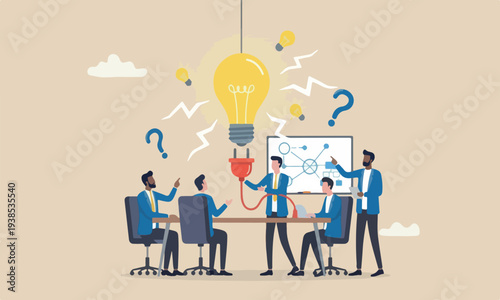 Creativity problem for success, invention or resolution concept, smart businessman connect electric plug to turn on bright lightbulb idea