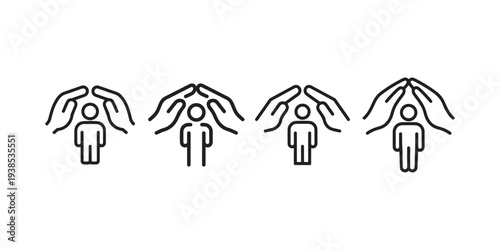 Person icon protected by hands above, symbolizing safety and care, insurance or support concept, minimal line art