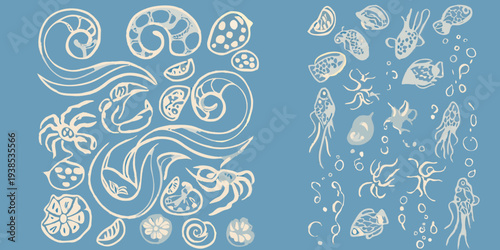 Abstract illustration of various marine life forms on a blue background