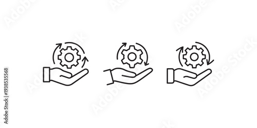 Hand holding gear with arrows line icons. concept of process optimization, continuous improvement, workflow and cycle management