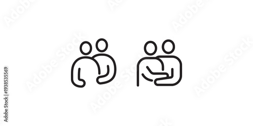 Minimalist line icons showing two people in an embrace or hug representing support friendship partnership and community connection on white background