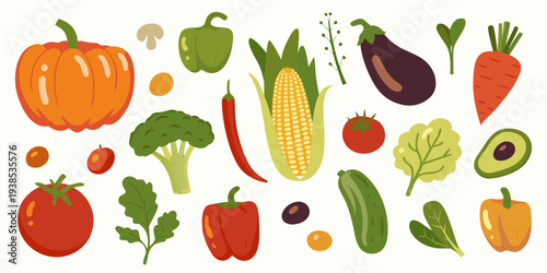 Colorful assortment of fresh vegetables and fruits in a flat design