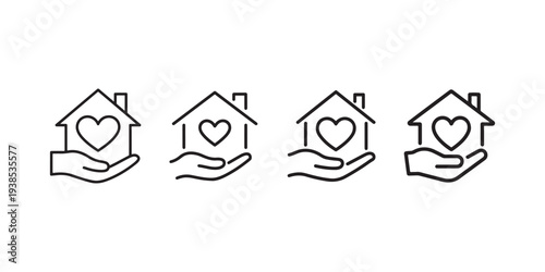 Real estate care icons showing house symbol with heart on open hand representing home protection family security and charity housing on white background