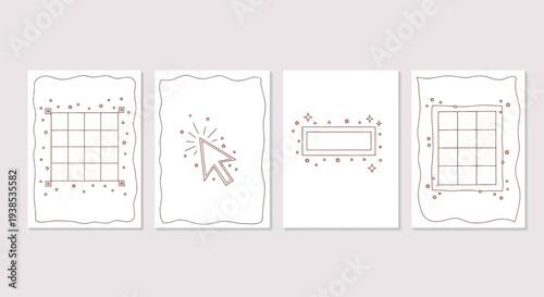 Cursor click, grid, and banner elements on white background