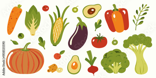 A colorful collection of fresh vegetables and fruits in a flat design