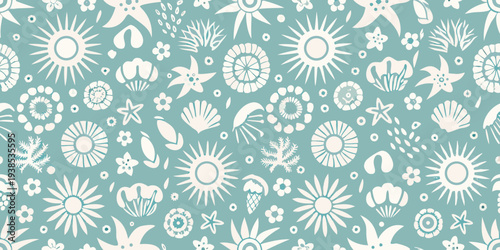 Whimsical pattern of stylized suns flowers and marine life shapes