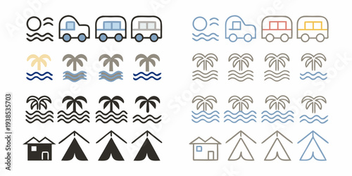 Stylized icons depicting travel elements boats palm trees mountains and houses